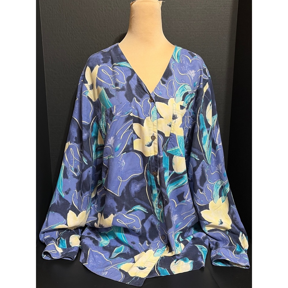 Valerie Stevens II 100% Silk Blue Yellow Floral Button Up Blouse Top Womens 18W